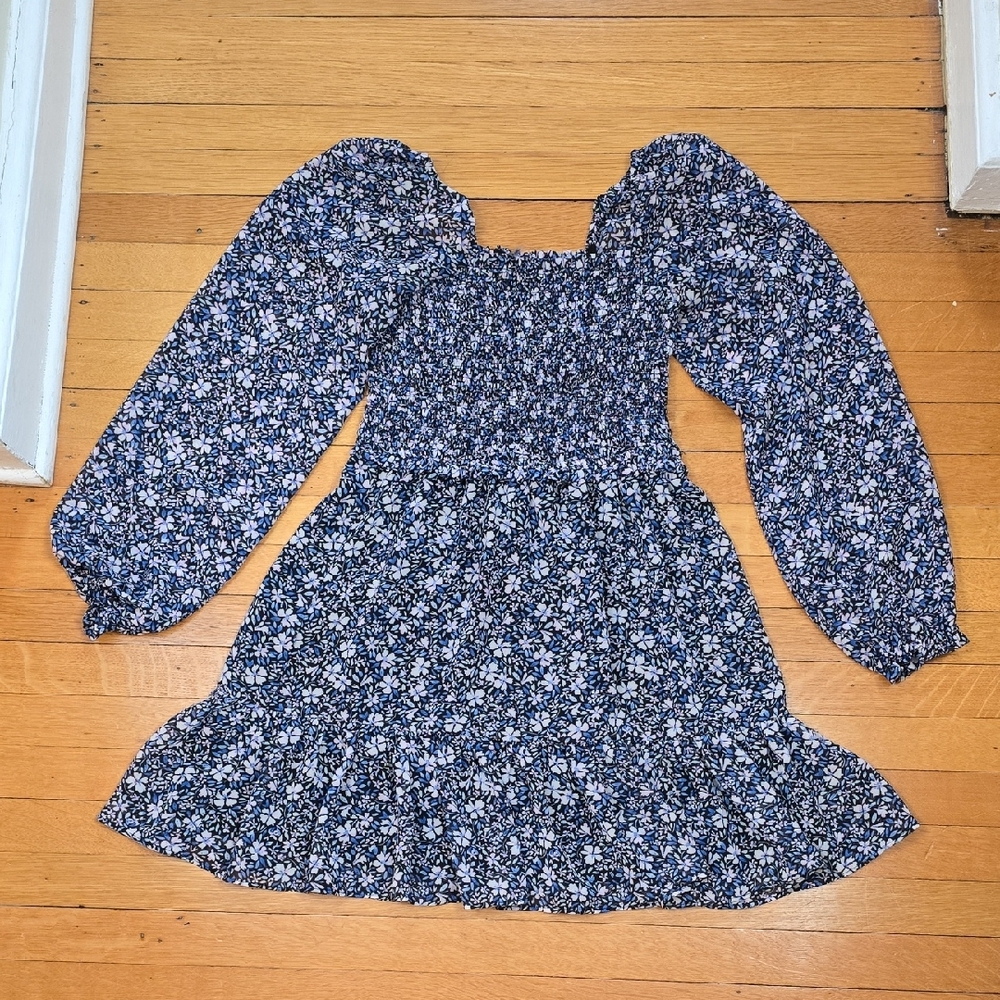1. State, Blue Floral, Smocked, Fit and Flare Mini Dress, EUC, Women's XS
